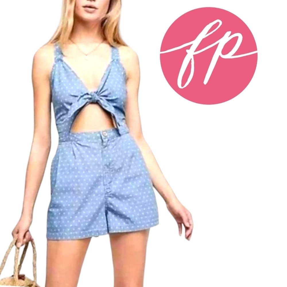 FREE PEOPLE  Take Me Somewhere Chambray Romper Overalls Blue White Print MED NWT